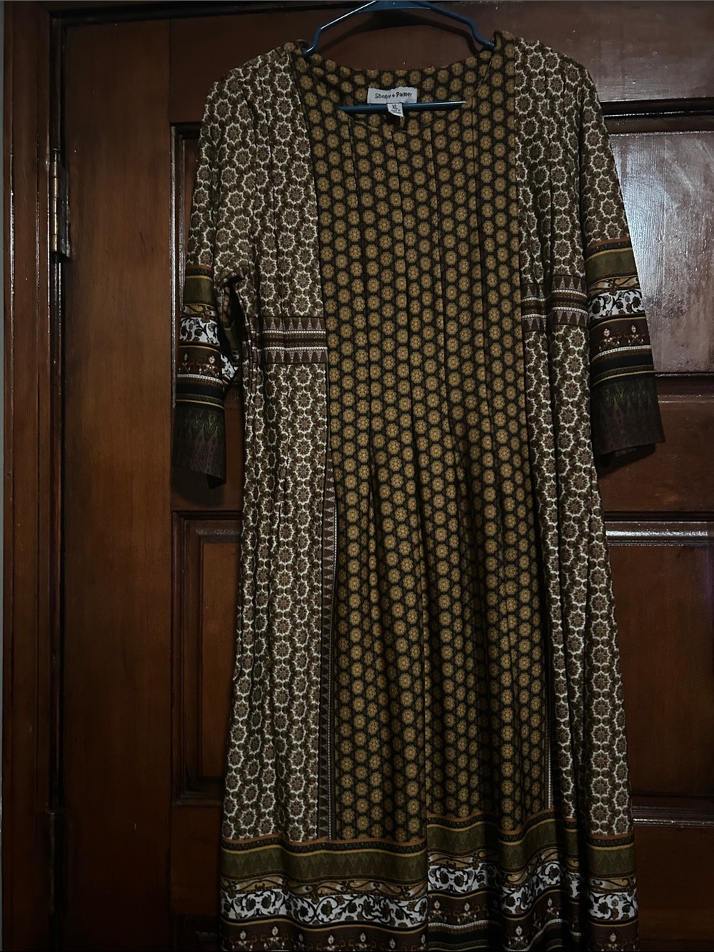 Shelby & Palmer Brown Patterned Long Sleeve Midi Dress